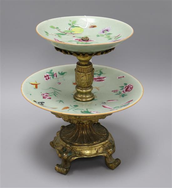 A 19th century Chinese two tier centrepiece, with French bronze mounts height 29.5cm